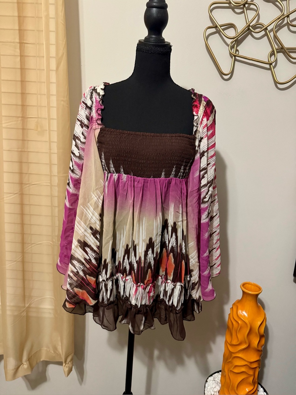 bebe Multicolor Smocked Boho Tunic in Pink and Brown